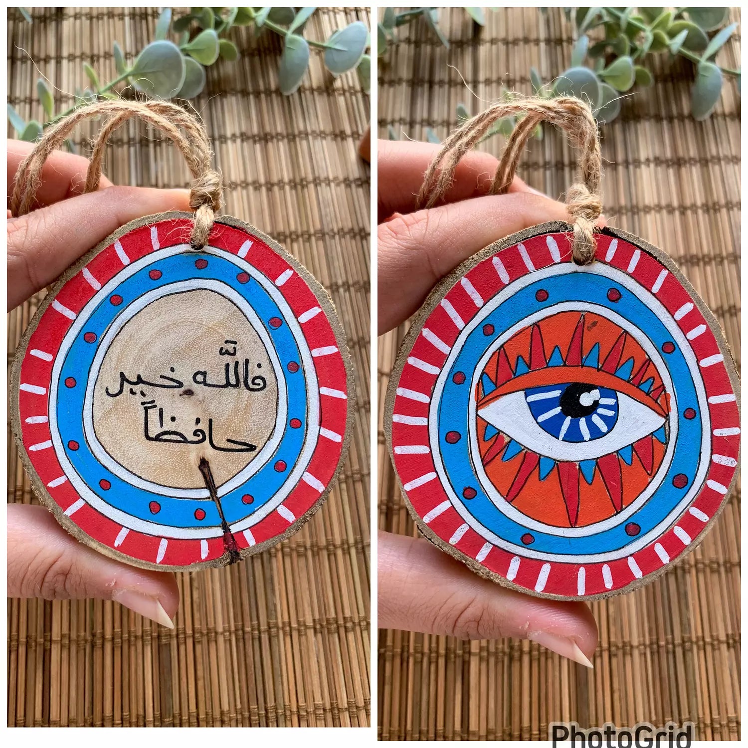 Red Evil Eye Medium Wood Car Hanger