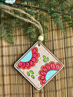  " Red Flower " Natural Leather Square Car Hanger