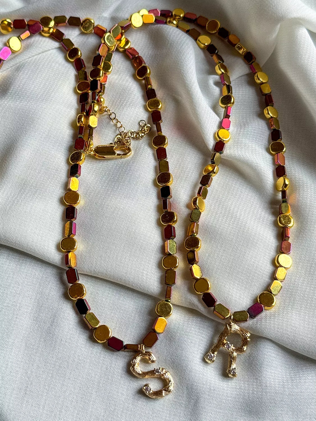 Hematite Letter Necklace " Red/Gold"