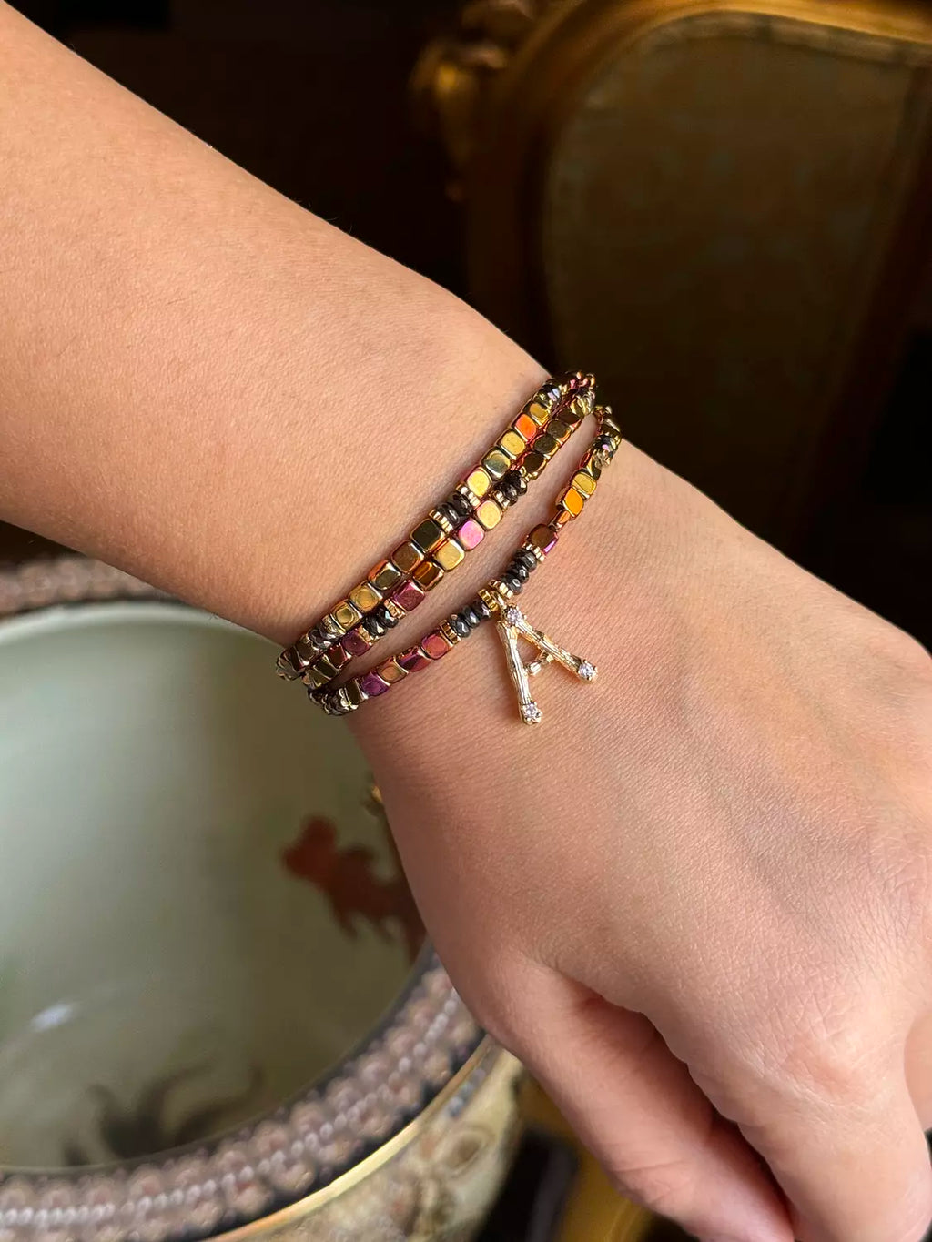 Hematite Letter Necklace " Red Square "