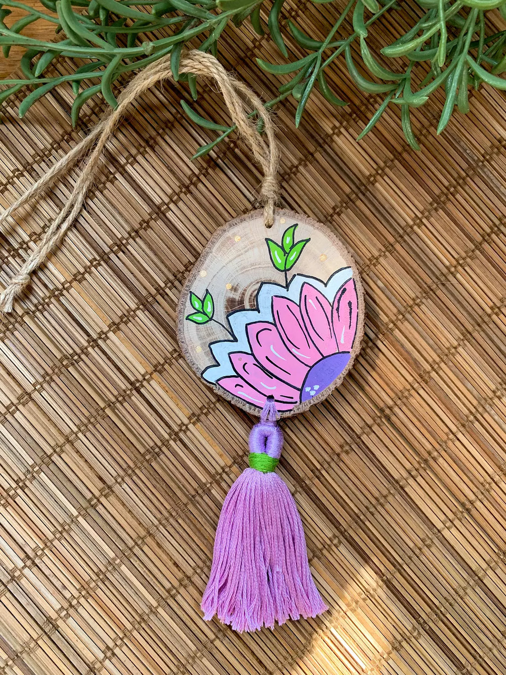 Pink Large Flower Medium Tassel Wood Car Hanger