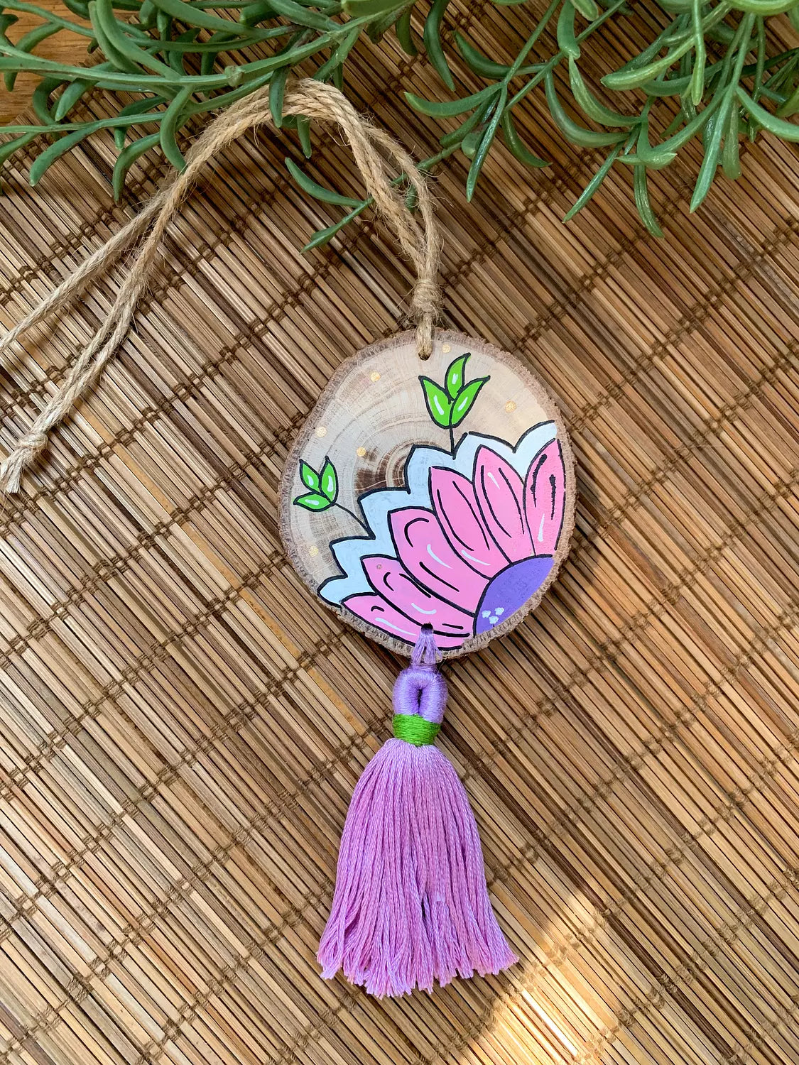 Pink Large Flower Medium Tassel Wood Car Hanger